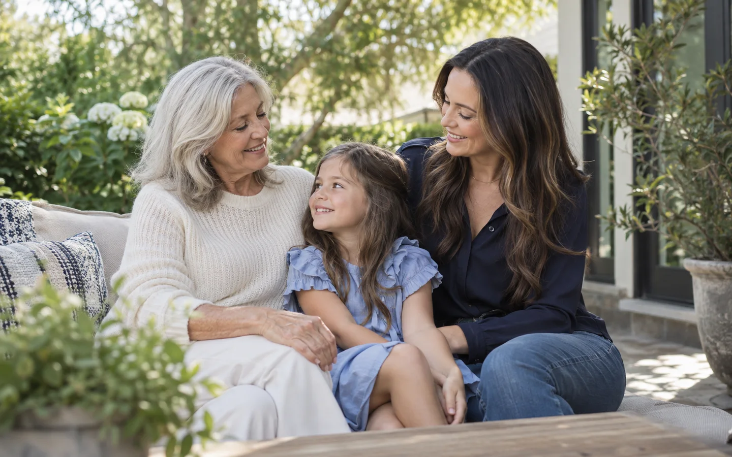 Three generations of family smiling together outdoors